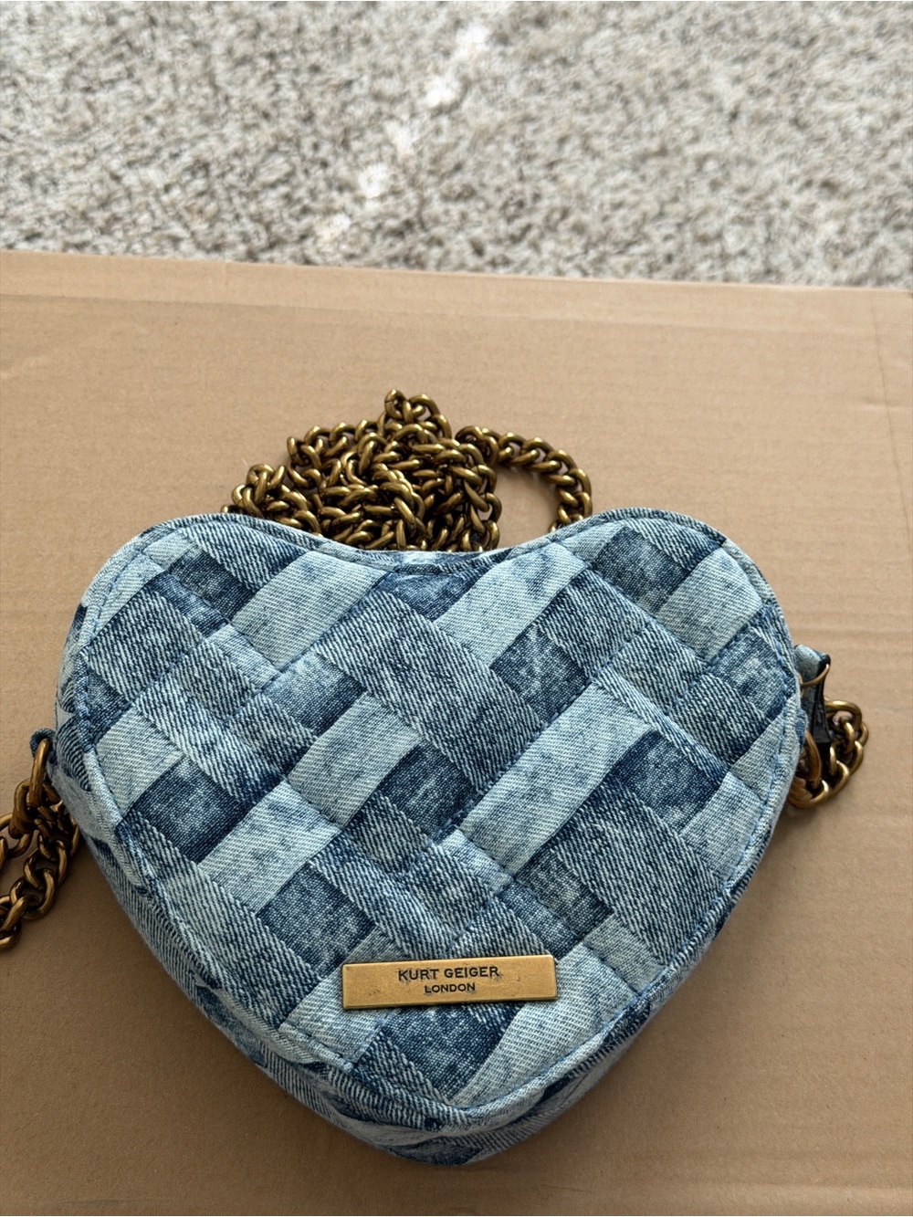 Kurt Geiger Denim Woven Heart Crossbody with Gold Chain